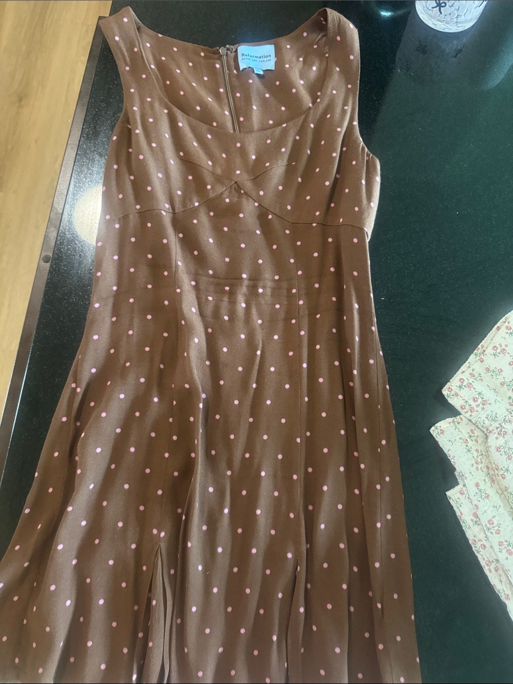 Reformation Brown Dress with Pink Polka Dots